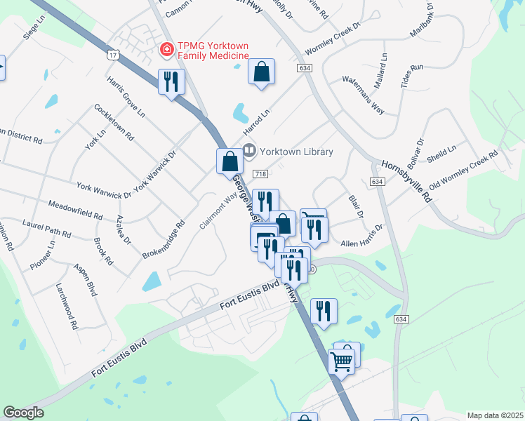map of restaurants, bars, coffee shops, grocery stores, and more near 8301 George Washington Memorial Highway in Yorktown