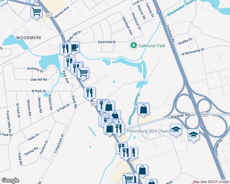 map of restaurants, bars, coffee shops, grocery stores, and more near 100 Cavalier Drive in Petersburg