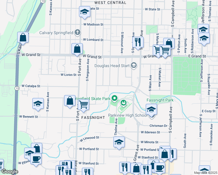map of restaurants, bars, coffee shops, grocery stores, and more near 998 West Catalpa Street in Springfield