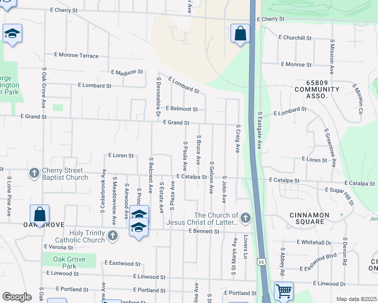 map of restaurants, bars, coffee shops, grocery stores, and more near 1104 South Paula Avenue in Springfield