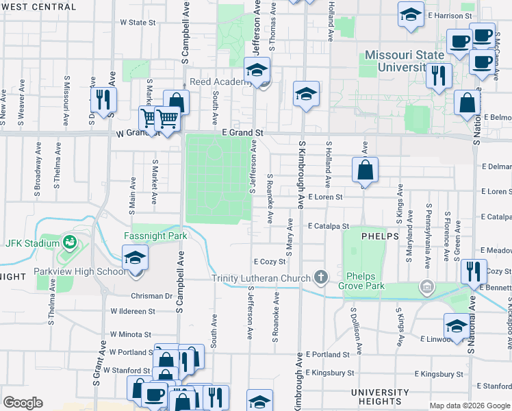 map of restaurants, bars, coffee shops, grocery stores, and more near 1179 South Roanoke Avenue in Springfield