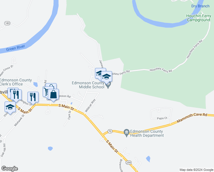 map of restaurants, bars, coffee shops, grocery stores, and more near 210 Wildcat Way in Brownsville