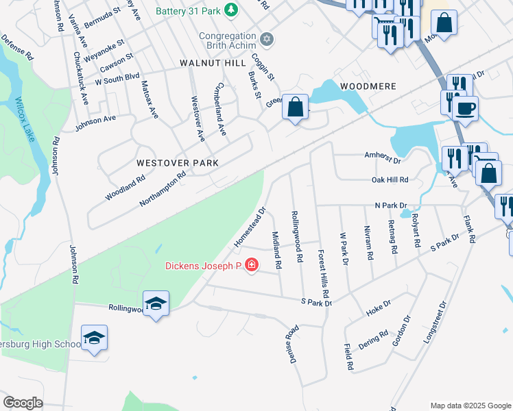 map of restaurants, bars, coffee shops, grocery stores, and more near 2760 Homestead Drive in Petersburg
