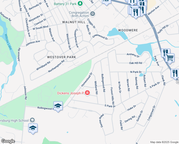 map of restaurants, bars, coffee shops, grocery stores, and more near 2760 Homestead Drive in Petersburg