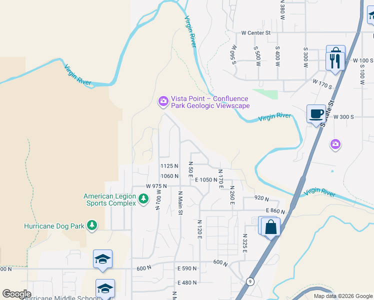 map of restaurants, bars, coffee shops, grocery stores, and more near 1173 North 50 East in Hurricane