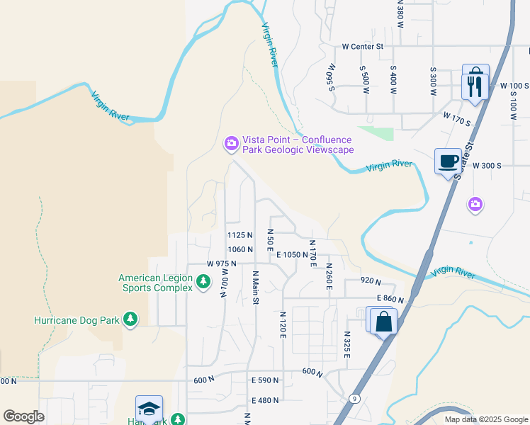 map of restaurants, bars, coffee shops, grocery stores, and more near 1173 North 50 East in Hurricane