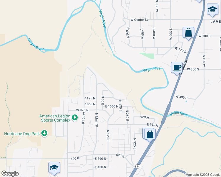 map of restaurants, bars, coffee shops, grocery stores, and more near 1174 North Sunset Ridge Drive in Hurricane