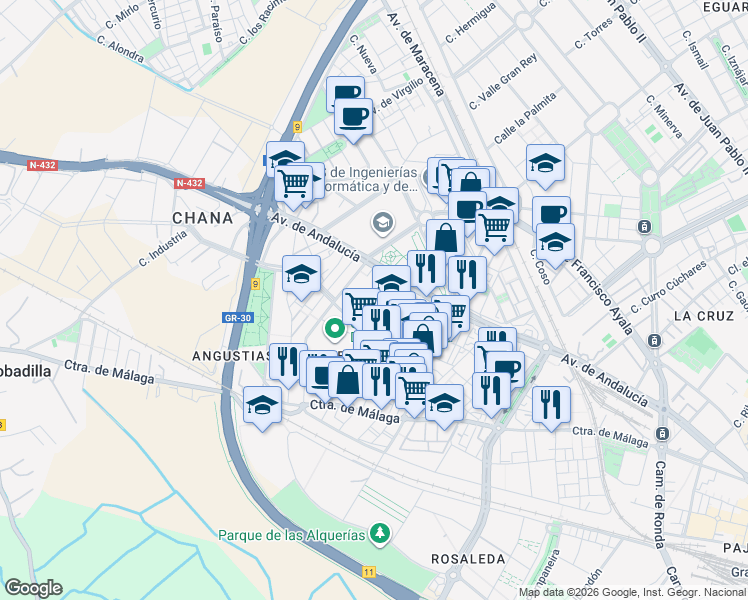 map of restaurants, bars, coffee shops, grocery stores, and more near 1 Calle Hospital de la Virgen in Granada