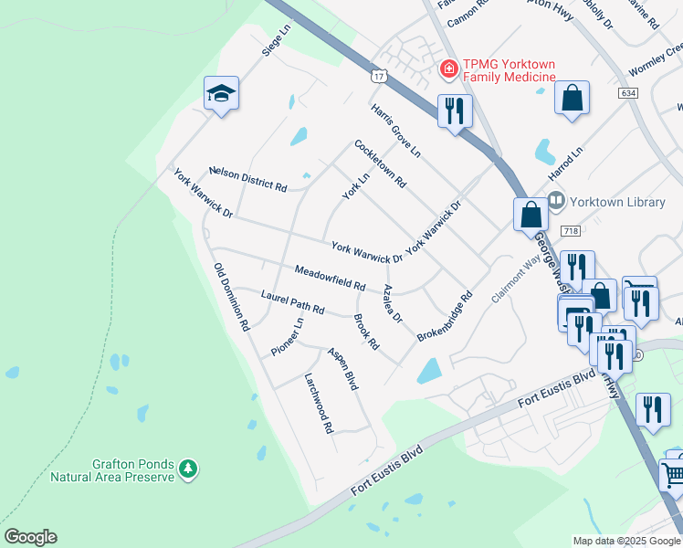 map of restaurants, bars, coffee shops, grocery stores, and more near 404 Meadowfield Road in Yorktown