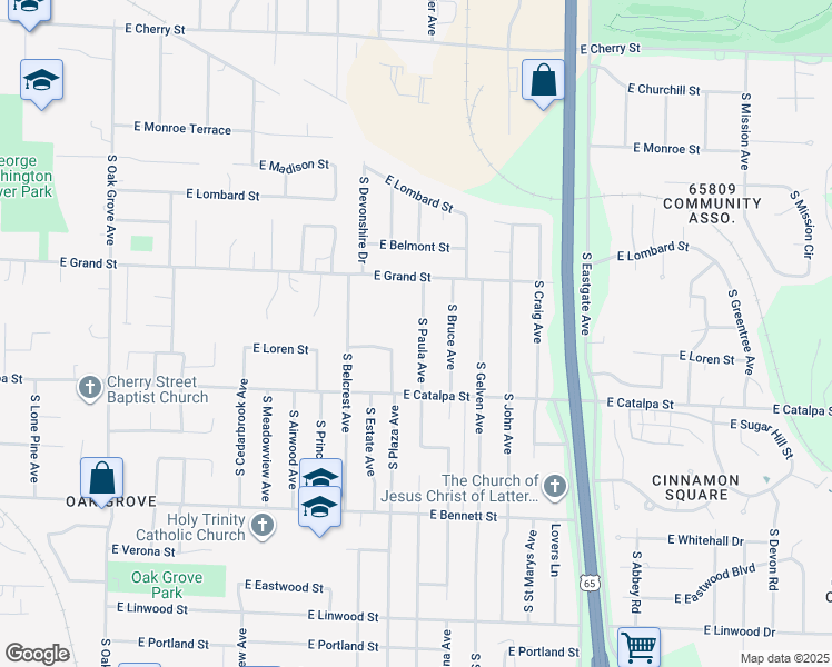 map of restaurants, bars, coffee shops, grocery stores, and more near 1061 South Paula Avenue in Springfield