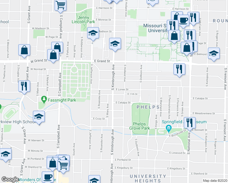 map of restaurants, bars, coffee shops, grocery stores, and more near 600 East Loren Street in Springfield