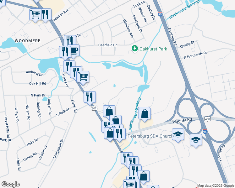 map of restaurants, bars, coffee shops, grocery stores, and more near 100 Cavalier Drive in Petersburg