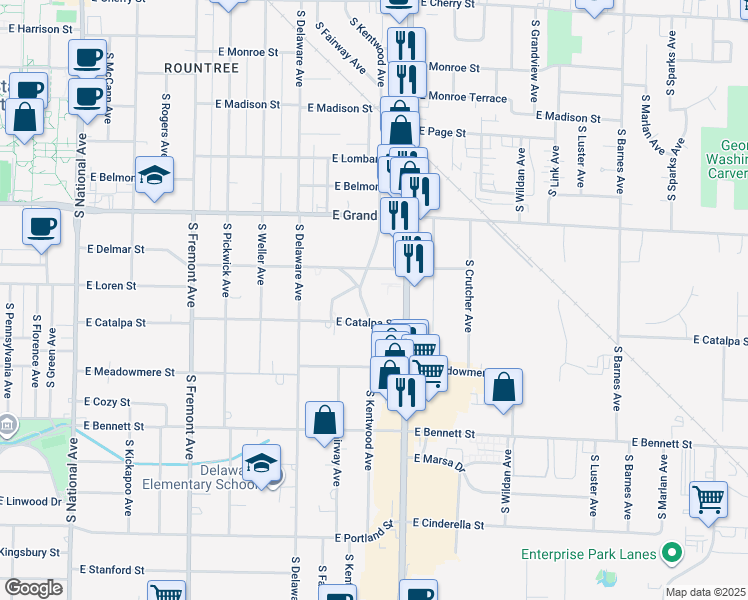 map of restaurants, bars, coffee shops, grocery stores, and more near 1114 South Kentwood Avenue in Springfield
