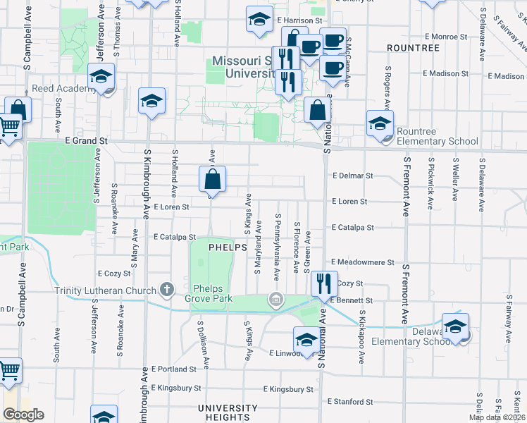 map of restaurants, bars, coffee shops, grocery stores, and more near 1010 East Loren Street in Springfield