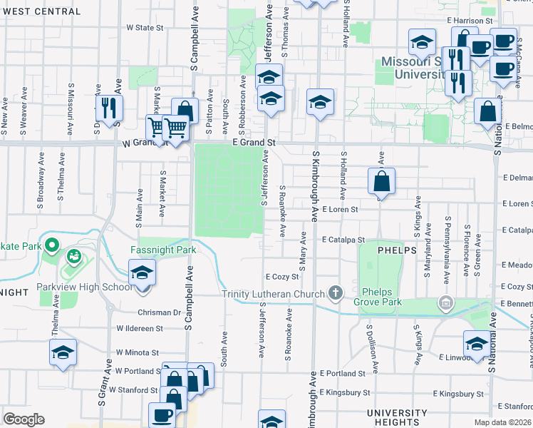 map of restaurants, bars, coffee shops, grocery stores, and more near 1121 South Roanoke Avenue in Springfield