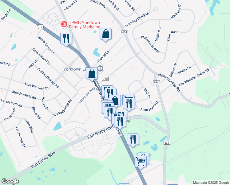 map of restaurants, bars, coffee shops, grocery stores, and more near Fleming Way in Yorktown