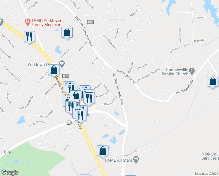 map of restaurants, bars, coffee shops, grocery stores, and more near 207 Blair Drive in Yorktown