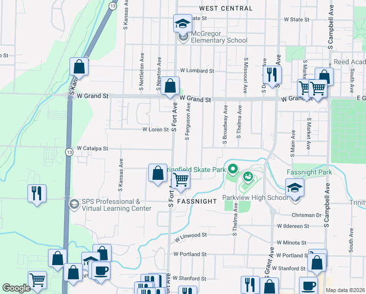 map of restaurants, bars, coffee shops, grocery stores, and more near 1117 South Ferguson Avenue in Springfield