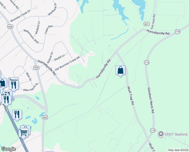 map of restaurants, bars, coffee shops, grocery stores, and more near 100 Rocky Road in Yorktown