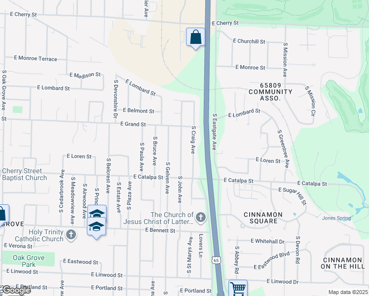 map of restaurants, bars, coffee shops, grocery stores, and more near 1058 South John Avenue in Springfield