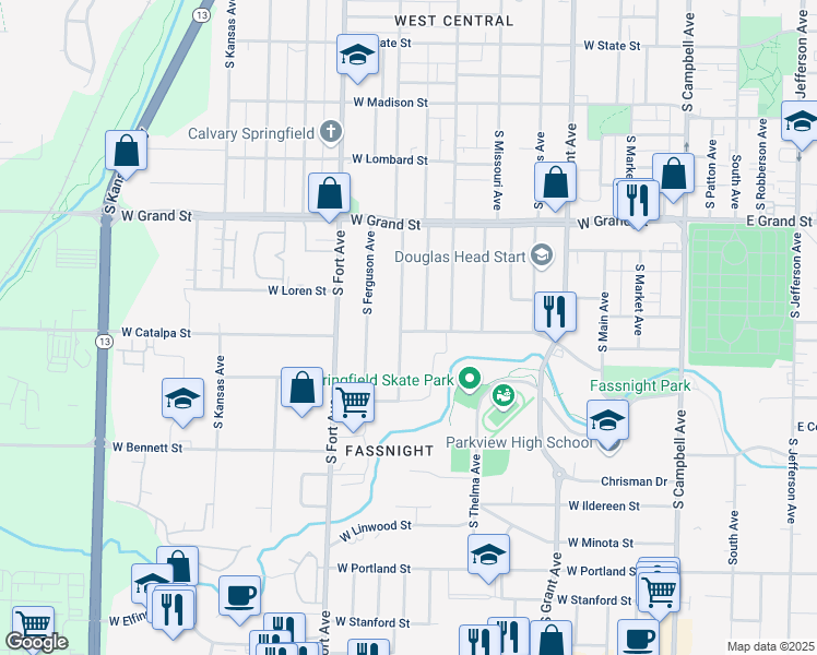 map of restaurants, bars, coffee shops, grocery stores, and more near 1119 South New Avenue in Springfield