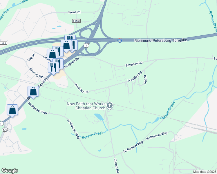 map of restaurants, bars, coffee shops, grocery stores, and more near 5701 Church Road in Petersburg