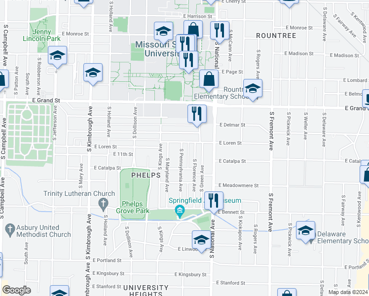 map of restaurants, bars, coffee shops, grocery stores, and more near 1134 South Pennsylvania Avenue in Springfield