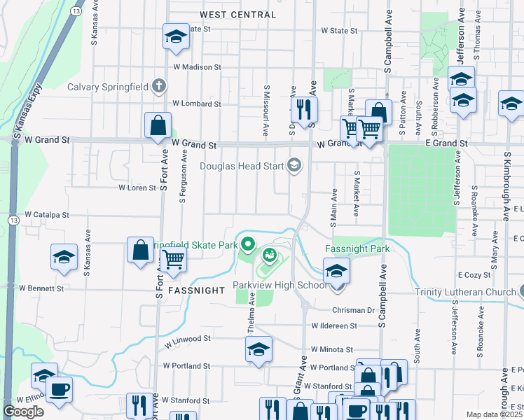 map of restaurants, bars, coffee shops, grocery stores, and more near 820 West Delmar Street in Springfield