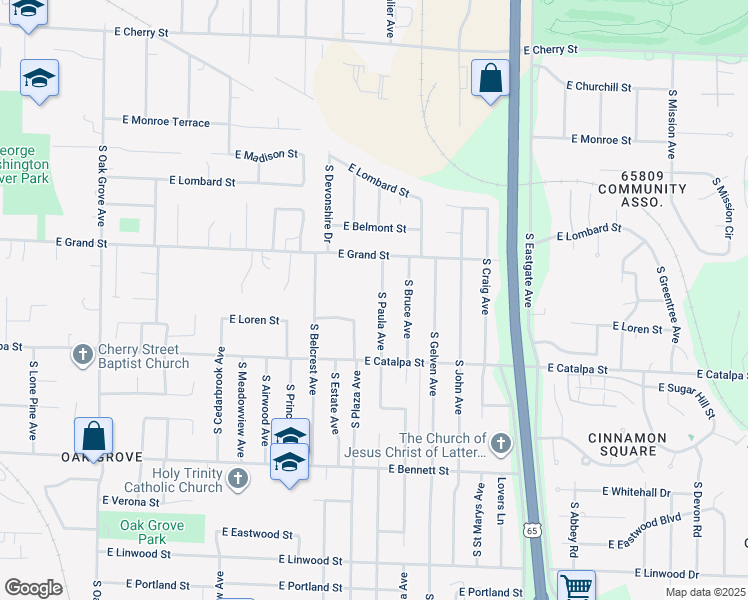 map of restaurants, bars, coffee shops, grocery stores, and more near 1061 South Paula Avenue in Springfield