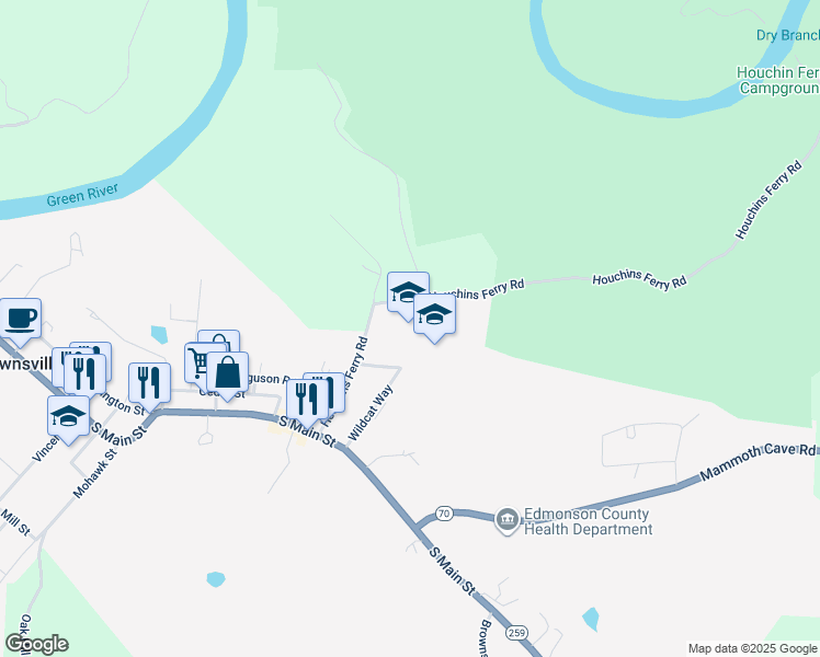 map of restaurants, bars, coffee shops, grocery stores, and more near 220 Wildcat Way in Brownsville
