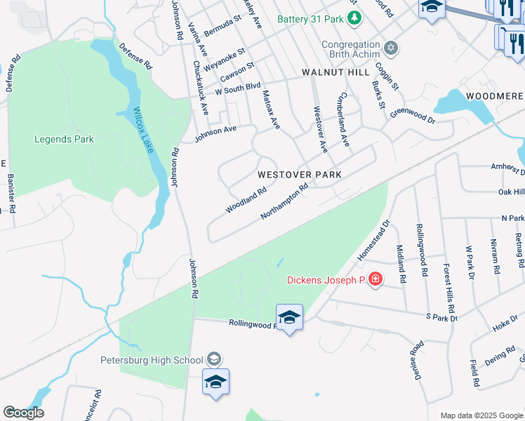 map of restaurants, bars, coffee shops, grocery stores, and more near 1141 Northampton Road in Petersburg