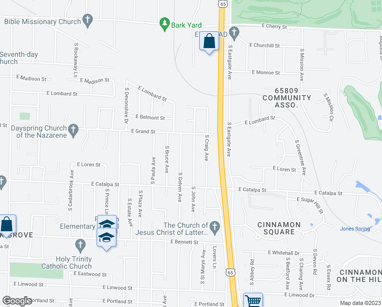 map of restaurants, bars, coffee shops, grocery stores, and more near 1049 South John Avenue in Springfield