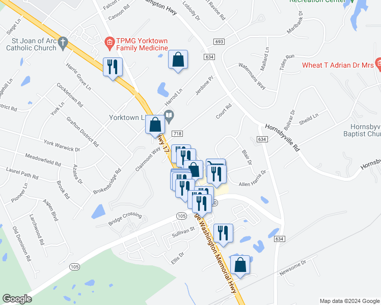 map of restaurants, bars, coffee shops, grocery stores, and more near 513 Fleming Way in Yorktown