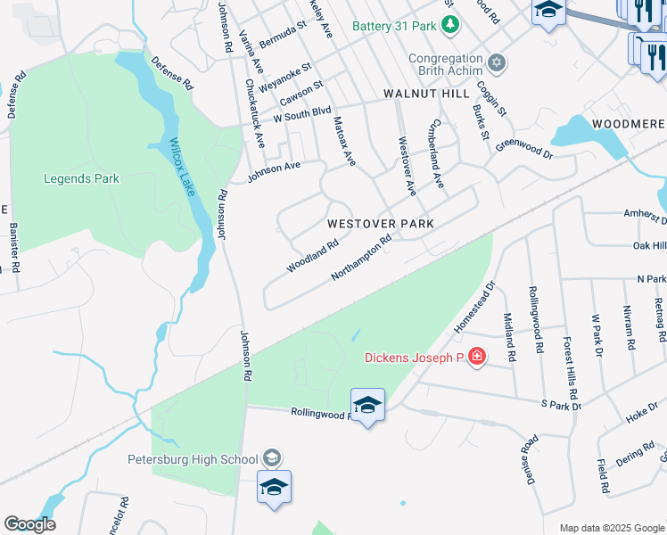 map of restaurants, bars, coffee shops, grocery stores, and more near 1141 Northampton Road in Petersburg