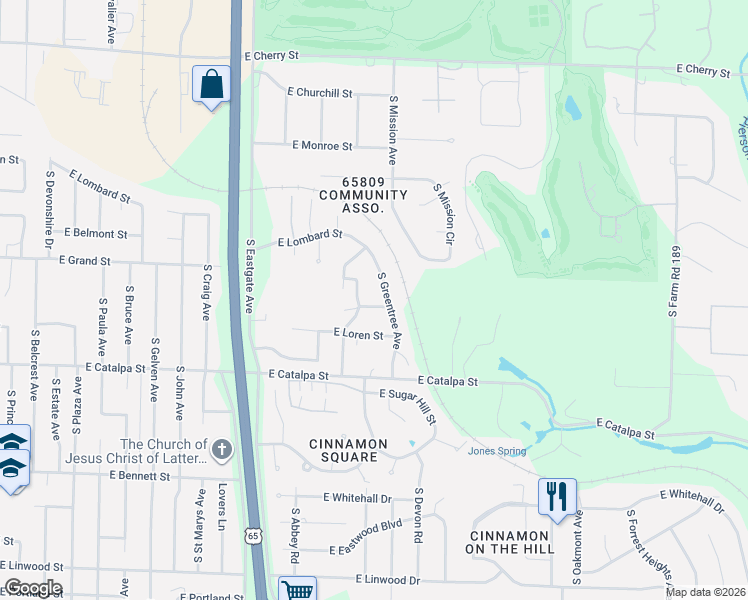 map of restaurants, bars, coffee shops, grocery stores, and more near 3605 East Delmar Street in Springfield