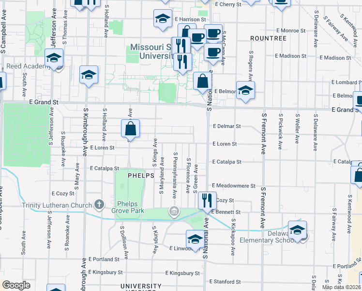 map of restaurants, bars, coffee shops, grocery stores, and more near 1100 East Loren Street in Springfield