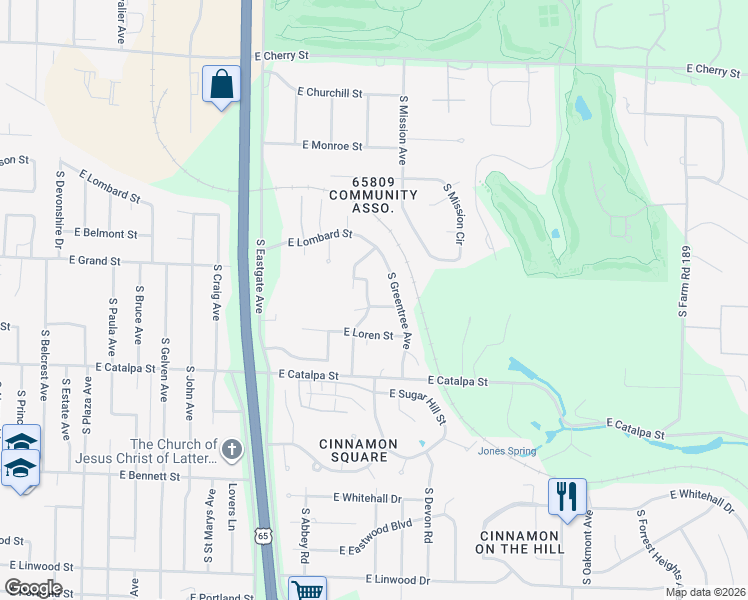 map of restaurants, bars, coffee shops, grocery stores, and more near 3565 East Delmar Street in Springfield