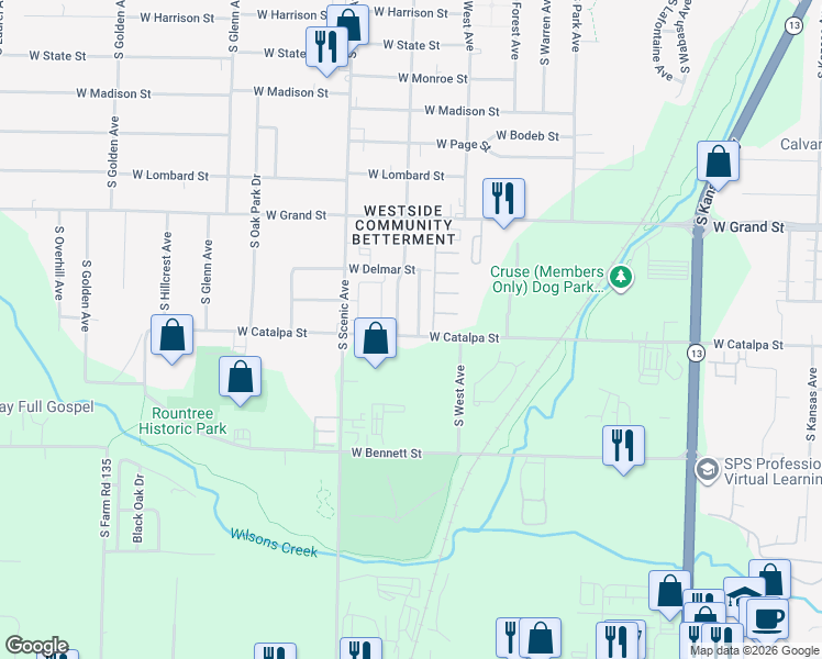 map of restaurants, bars, coffee shops, grocery stores, and more near 1143 South Brown Avenue in Springfield
