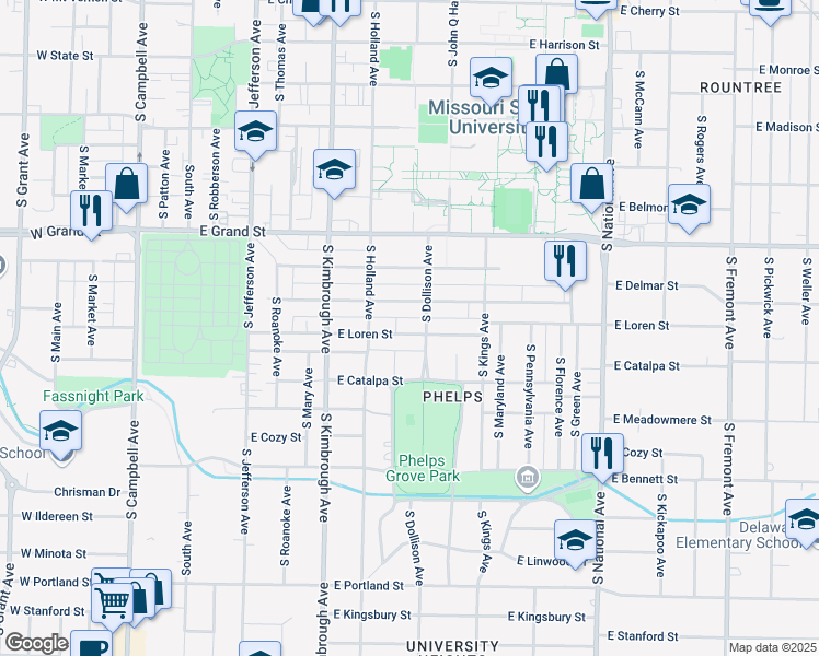 map of restaurants, bars, coffee shops, grocery stores, and more near 817 East Loren Street in Springfield