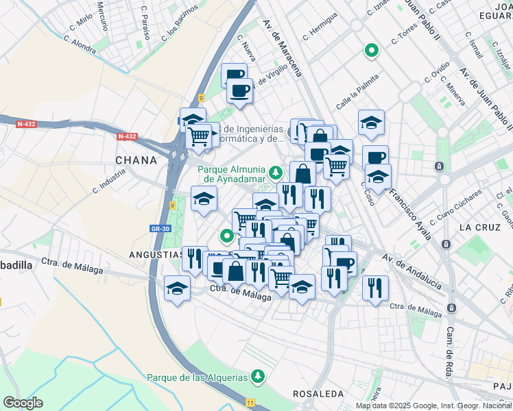 map of restaurants, bars, coffee shops, grocery stores, and more near 1 Calle Hospital de la Virgen in Granada