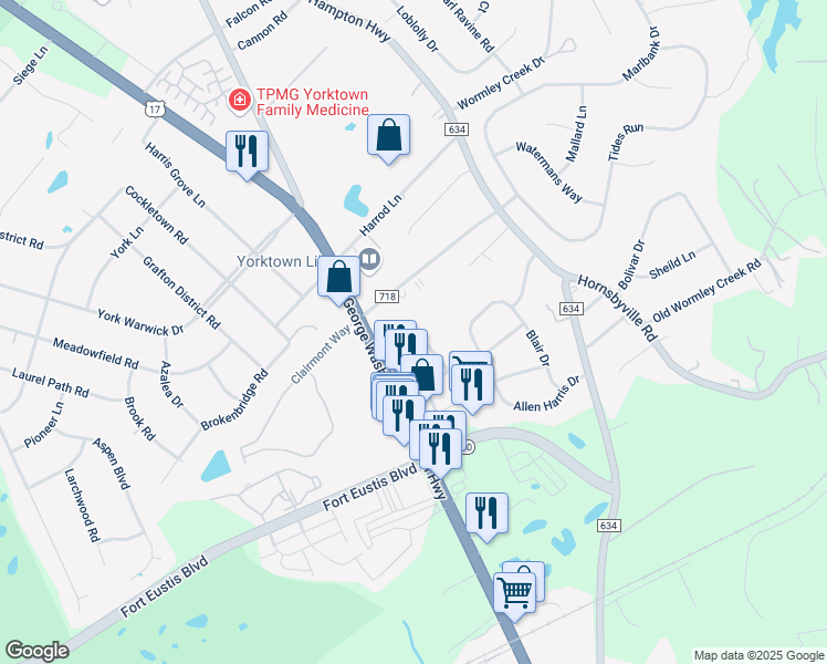map of restaurants, bars, coffee shops, grocery stores, and more near 601 Fleming Way in Yorktown