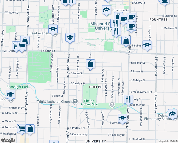 map of restaurants, bars, coffee shops, grocery stores, and more near 831 East Loren Street in Springfield