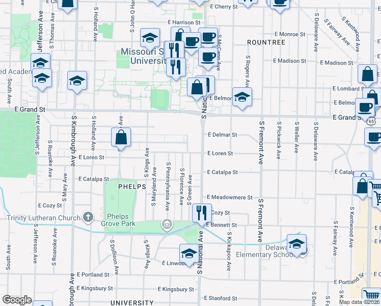 map of restaurants, bars, coffee shops, grocery stores, and more near 1101 South Green Avenue in Springfield