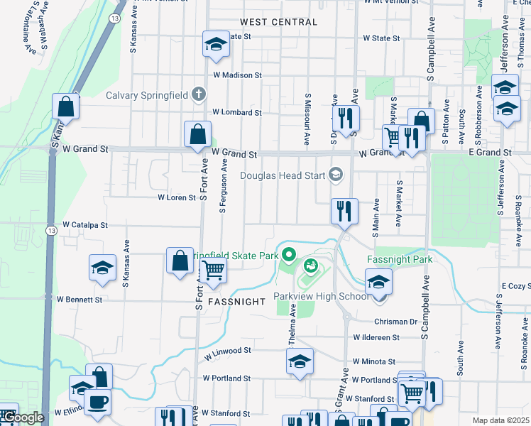 map of restaurants, bars, coffee shops, grocery stores, and more near 1120 South Weaver Avenue in Springfield