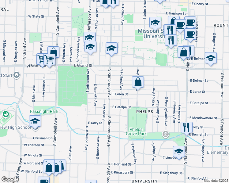 map of restaurants, bars, coffee shops, grocery stores, and more near 615 East Loren Street in Springfield