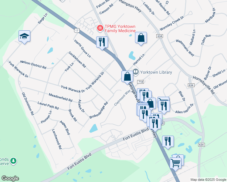 map of restaurants, bars, coffee shops, grocery stores, and more near 207 Cockletown Road in Yorktown