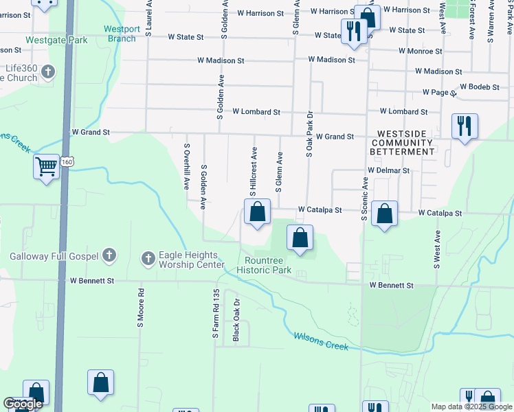 map of restaurants, bars, coffee shops, grocery stores, and more near 2941 West Catalpa Street in Springfield