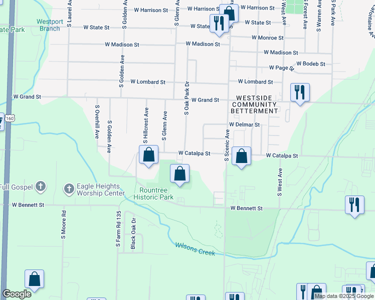 map of restaurants, bars, coffee shops, grocery stores, and more near 1164 South Oak Park Drive in Springfield