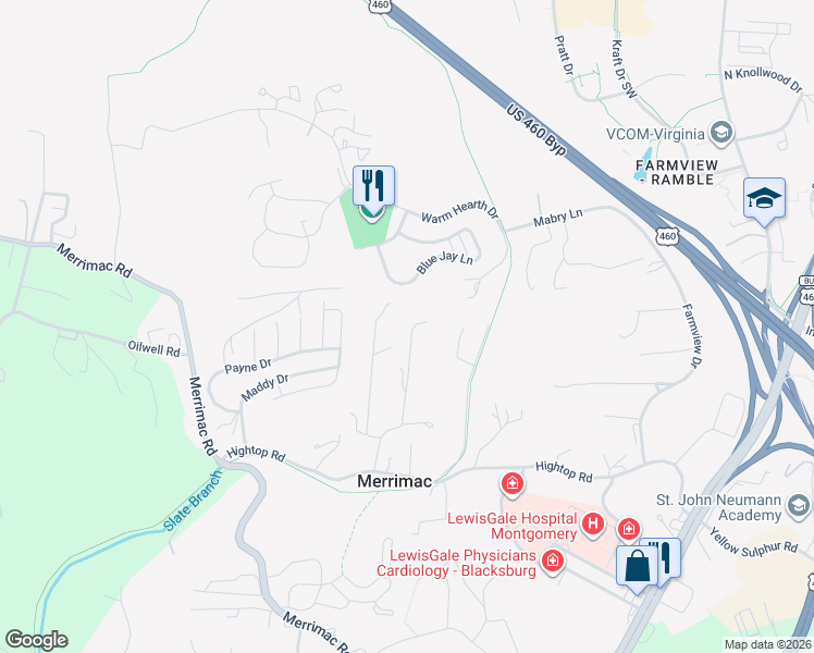 map of restaurants, bars, coffee shops, grocery stores, and more near 918 Martin Drive in Blacksburg