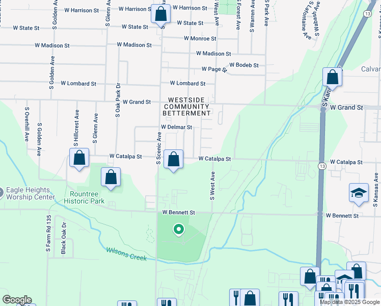 map of restaurants, bars, coffee shops, grocery stores, and more near 1143 South Brown Avenue in Springfield